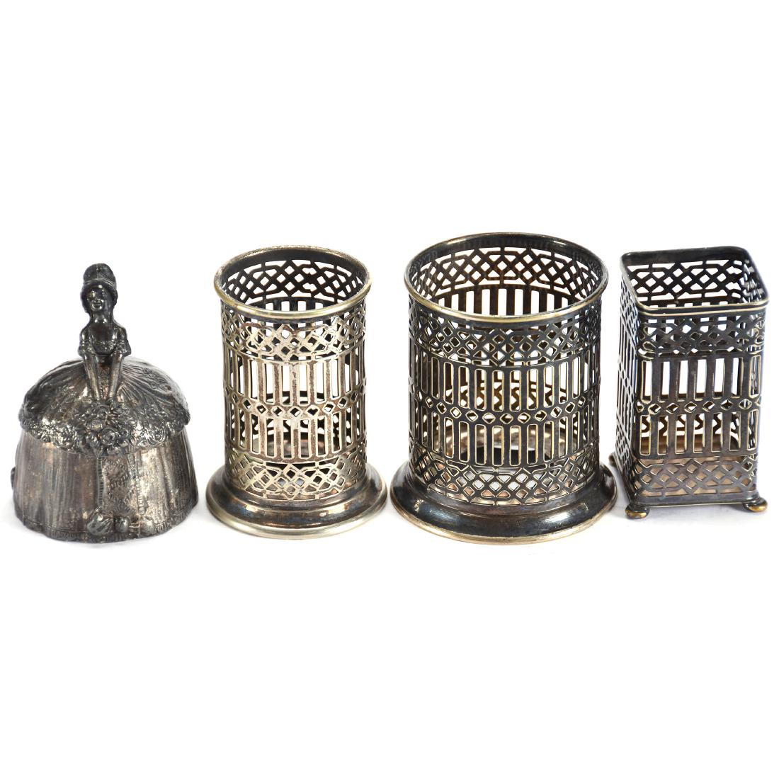 (4) Silverplate Items: (4) Silverplate Items Including - (3) Reticulated Vase Holders Which Include (1) 2.75" Cylinder, (1) 2" Cylinder, (1) 1.75" Square - (1) 3.75" Figural Two-Piece Dinner Bell, Woman in Dress