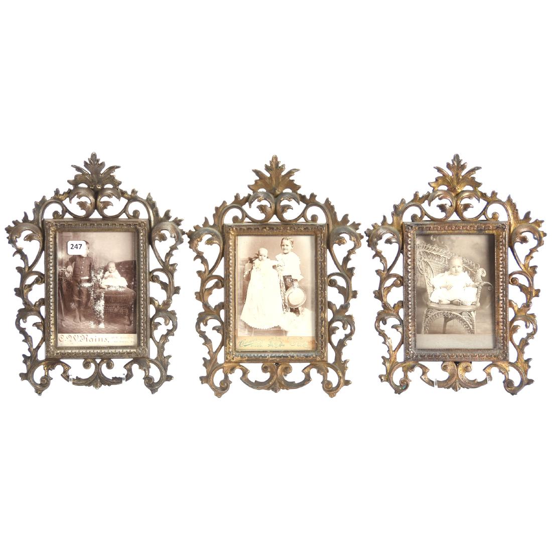 (3) Matching Ornate Brass Frames 12.5"X 9" Overall: (3) Matching Ornate Brass Frames - 12.5"X 9" Overall - Picture Size Is 6" X 4" - Only One has Swivel Stand on the Back