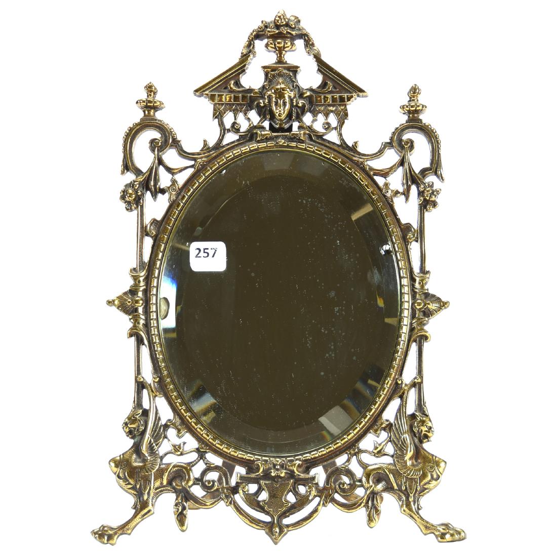 Brass Framed Vanity Mirror 13.5" X 9" Overall: Brass Framed Vanity Mirror - 13.5" X 9" Overall - Original Oval Beveled Mirror - Griffin Design
