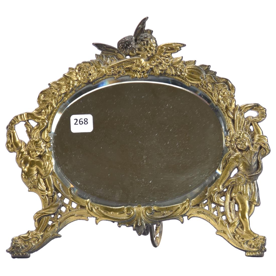 Brass Framed Vanity Mirror 9.75" X 10.5": Brass Framed Vanity Mirror - 9.75" X 10.5" - Embossed Cherub Design - Beveled Oval Original Mirror - Marked N.B.& I.W. (National Brass & Iron Works)