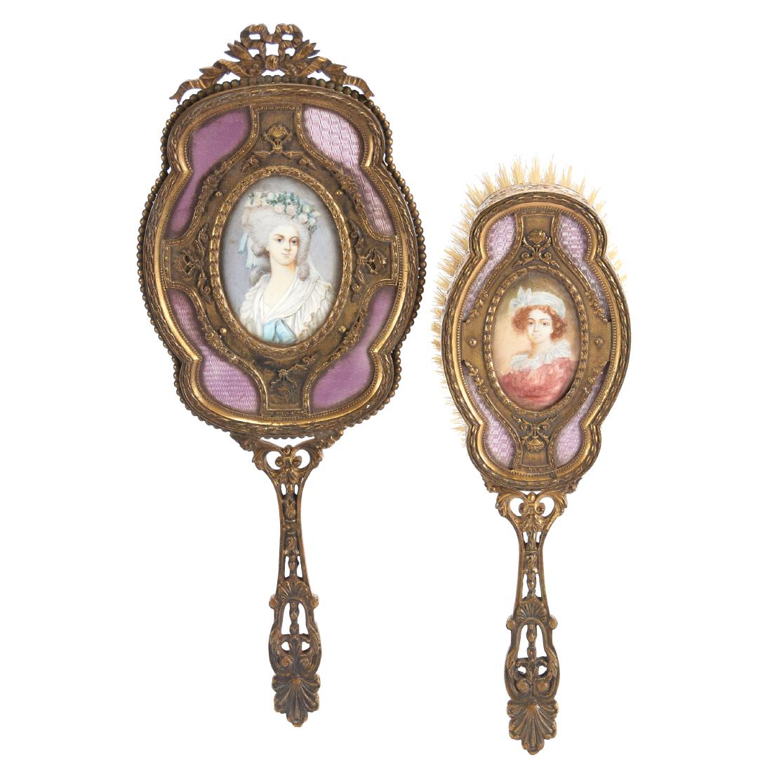 Two Piece French Vanity Set: Two-Piece French Vanity Set - Gilt Metal and Enamel with Handpainted Portraits - 11" Hand Mirror with Original Beveled Mirror - 8.75" Matching Hair Brush