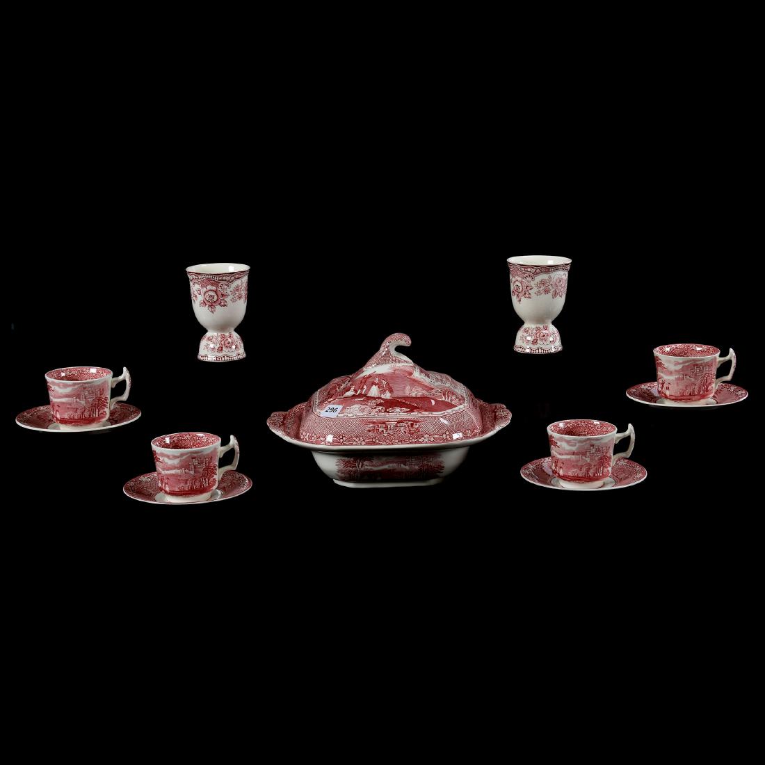 Staffordshire Red and White Items: Staffordshire Red and White Items Including - (1) 6" X 10" Jenny Lind Pattern Casserole - (4) Jenny Lind Cups and Saucers - (2) Unmarked Floral Egg Cups, One with Base Chip