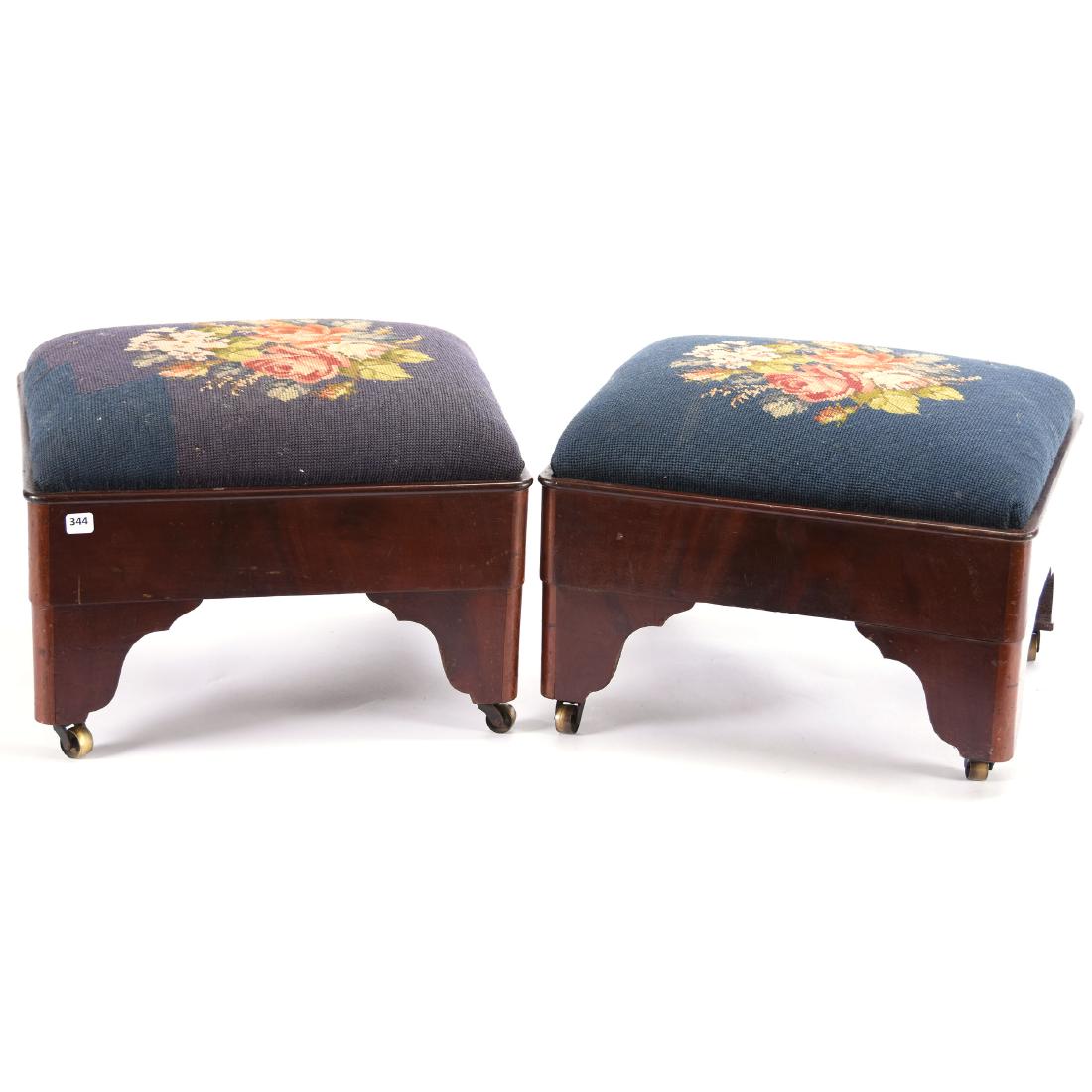 Pair Matching Footstools 12" X 17": Pair Matching Footstools - 12" X 17" - Wood with Metal Castors - Blue Needlepoint Cushion with Colorful Rose Decor