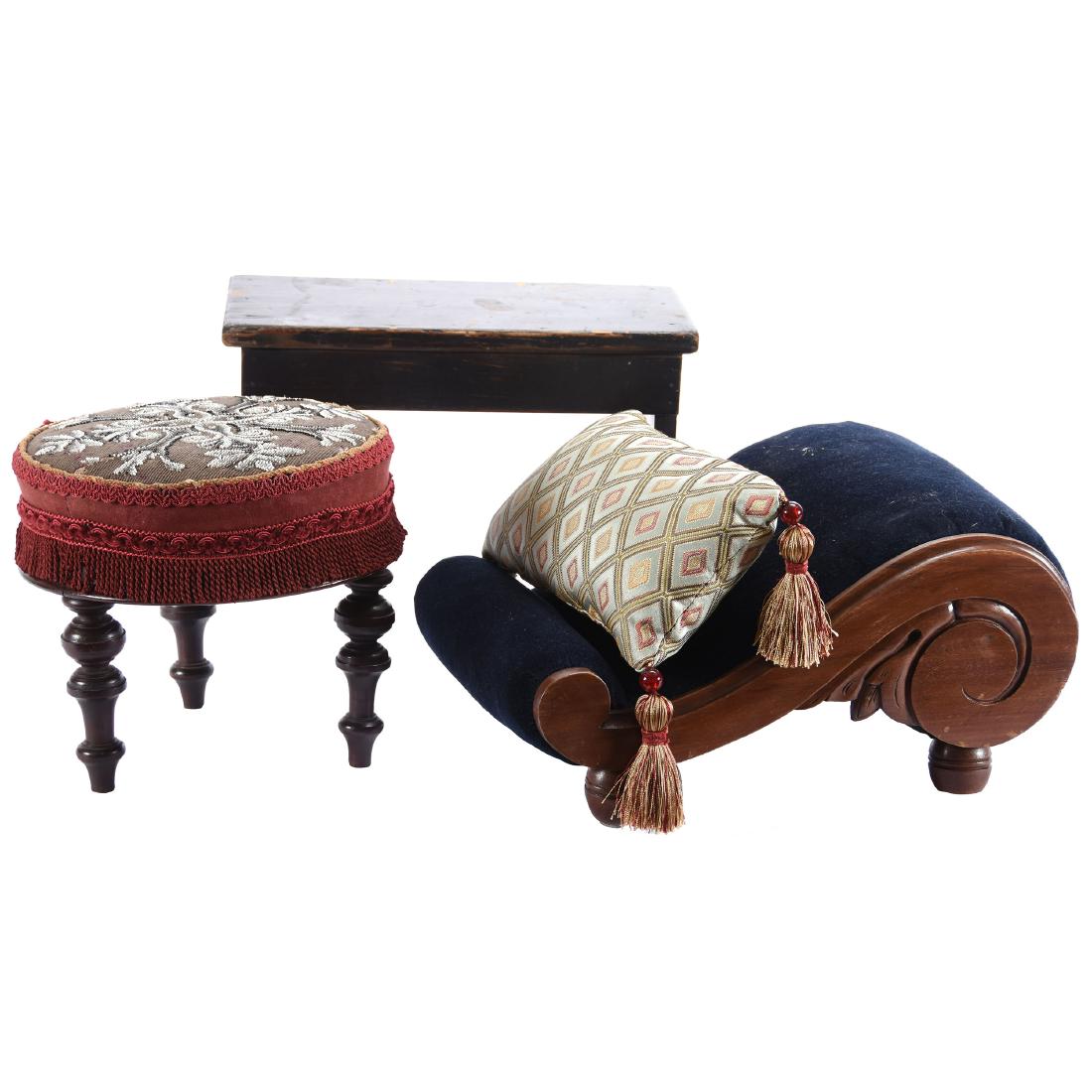 (3) Assorted Footstools: (3) Assorted Footstools - (1) 8" X 17" Scroll Design with Blue Velvet - (1) 10" X 11" Round Three Footed, Needlepoint Cushion with Beads - (1) 7.5" X 15" Wooden Stool