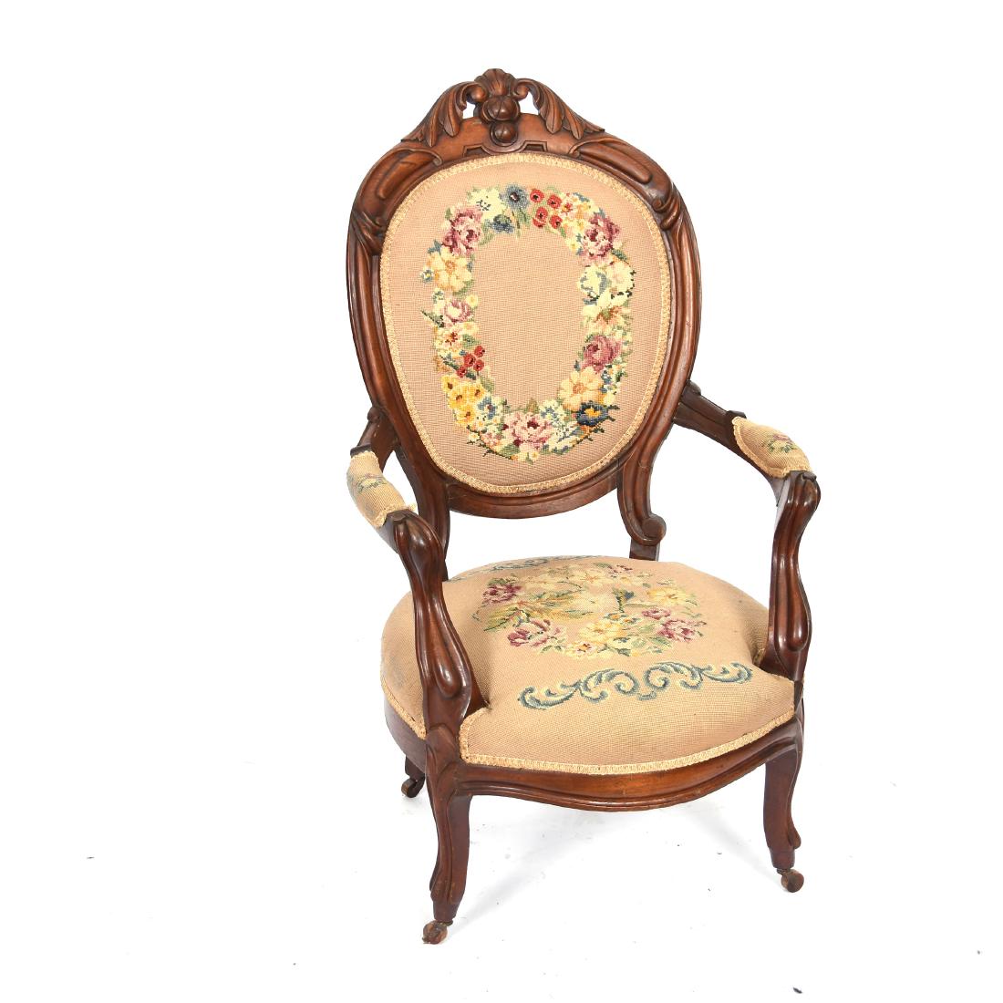 Victorian Walnut Finger Roll Arm Chair 44" X 26": Victorian Walnut Finger Roll Arm Chair - 44" X 26" - Needlepoint Upholstered Seat and Back and Arm Rests with Some Wear on Needlepoint - UPDATE - Please note: all furniture or large items must be pick
