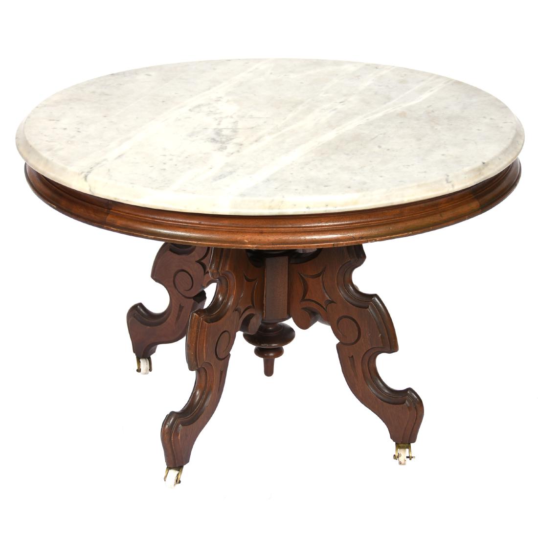 Victorian Walnut Mt Parlor Table 21" X 31": Victorian Walnut Mt Parlor Table - 21" X 31" - Cut Down to Coffee Table Size - Four Legs with Porcelain Castors - Oval White Marble Top - UPDATE - Please note: all furniture or large items must be pic