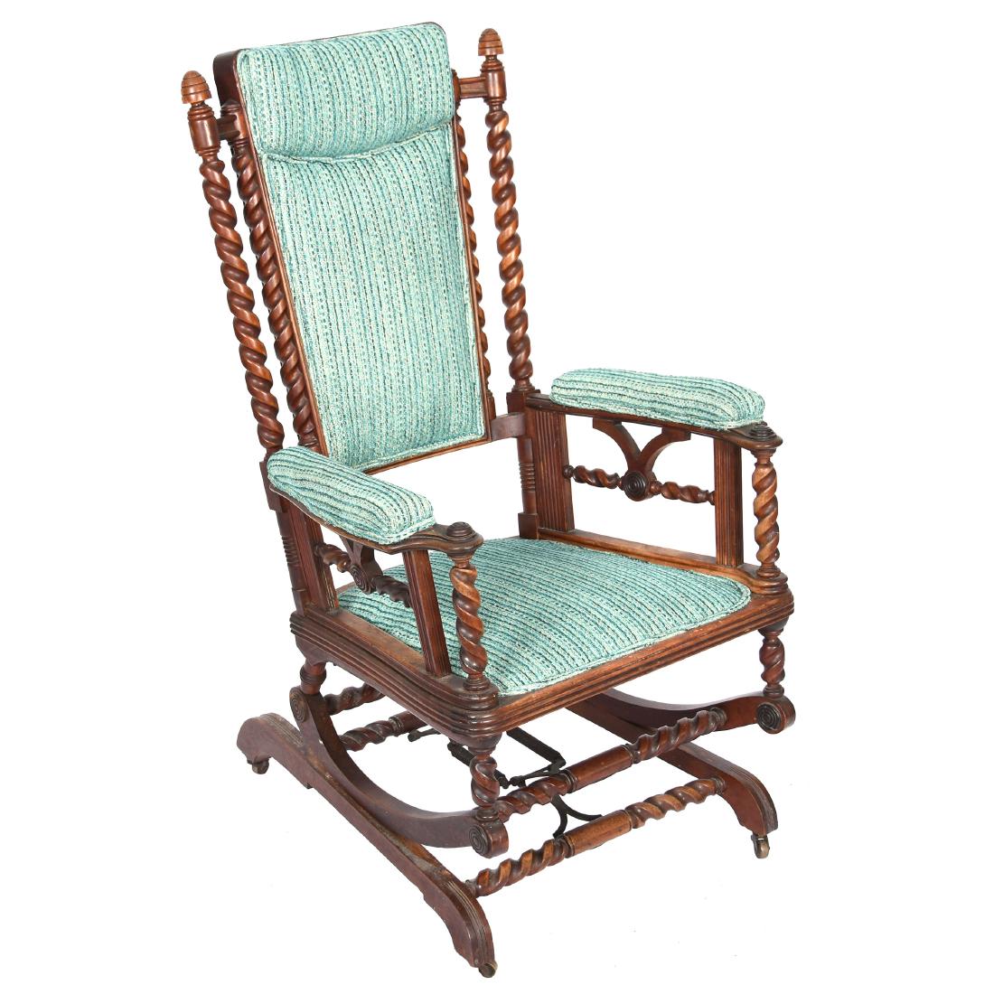 Platform Rocker 43" X 26.5": Platform Rocker - 43" X 26.5" - Spiral Carved Columns - Replacement 1970's Green Upholstery - UPDATE - Please note: all furniture or large items must be picked up in person or shipped via a profession