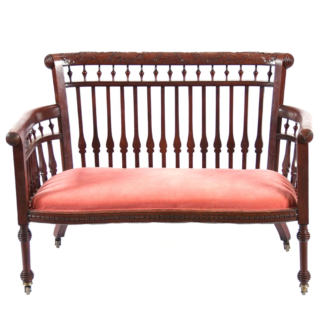Carved Loveseat 32" X 44": Carved Loveseat - 32" X 44" - Walnut with Carved Acorn and Leaf Design - Red Velvet Upholstery - UPDATE - Please note: all furniture or large items must be picked up in person or shipped via a profess