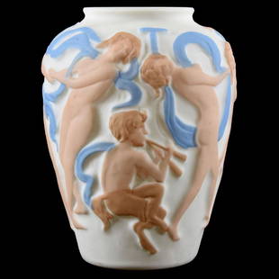 Phoenix / Consolidated Glass Vase 11.5": Vase - Phoenix/Consolidated Glass - 11.5" - Nudes and Satyr Design - White Background with Blue Ribbons and Flesh Tones