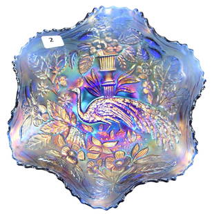 Carnival Glass Bowl 8.5": Bowl - Carnival Glass - 8.5" - Peacock at Urn by Fenton - Blue - Bearded Berry Exterior