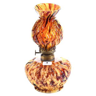 Miniature Kerosene Art Glass Lamp 8.25": Miniature Kerosene Lamp - Art Glass - 8.25" - End of Day Amber and Yellow Tones - Bead and Swirl Mold - Rim Chip on Top Rim of Shade