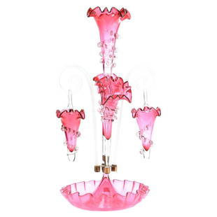 Cranberry Art Glass Epergne 21": Epergne - Cranberry Art Glass - 21" - Three Trumpet Lilies with Clear Applied Glass Rigoree - Two Frosted Glass Canes Holding Two Cranberry Baskets - Ruffled Bowl