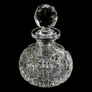 American Brilliant Cut Glass Cologne Bottle 5.5": Cologne Bottle - American Brilliant Cut Glass - 5.5"- Signed Libbey Brilliant Pattern with Hobstar, Prism, and Strawberry Diamond - Ray Cut Base - Stopper also Signed - Clear Blank