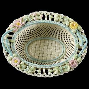 Irish Belleek Fermanagh Bowl 3.5" X 9" 7.25": Bowl - Irish Belleek Fermanagh - 3.5" X 9" - 7.25" - Delicate Four Strand Lattice Design with Pastel Blue Handles and Rim and Applied Pastel Floral Highlights - Marked "Belleek Co. Fermanagh" - Circa