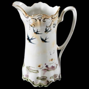 Pitcher Marked RS Prussia 9.75": Pitcher - Marked RS Prussia - 9.75" - White Lustre Finish with Bluebird and Waterlily Decor