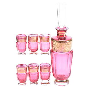 Bohemian Decanter Set: Bohemian Decanter Set - 12.25" Decanter - Cranberry Art Glass Ten-Sided Body with Gold Overlay - (6) Matching 3" Shot Glasses