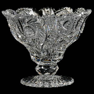 American Brilliant Cut Glass Tazza 7.25" X 8.75": Tazza - American Brilliant Cut Glass - 7.25" X 8.75"- Cameron Pattern by Clark - Exactly as Featured in Ad Book One, Page Clk-9 - Facet Cut Stem - Large Scalloped Hobstar Foot - Extra Clear Blank -