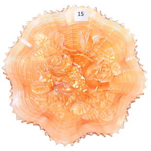 Marigold Carnival Glass Bowl 8.5": Bowl - Marigold Carnival Glass - 8.5" - Rose Show Variant Pattern by Northwood - Ribbed Exterior