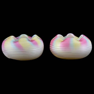 (2) Webb Rainbow Satin Art Glass Bowls 2.25" X 4.5": (2) Art Glass Bowls - Webb Rainbow Satin- 2.25"X 4.5" - Swirl Mother of Pearl Satin Marked "Patent"