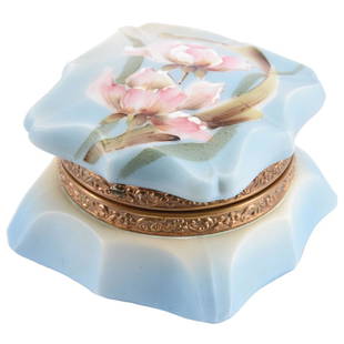 Hinged Jewel Box Marked Nakara 3" X 4": Hinged Jewel Box Marked Nakara - 3" X 4" - Blue Tones with Pink Tulip Decor - Missing Front-Clasp