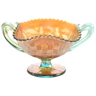 Carnival Glass Pedestal Bon Bon 4" X 7.75": Pedestal Bon-Bon - Carnival Glass - 4"X7.75" - Aqua Opal Fruits and Flowers Pattern by Northwood - 7.75" Across Handles