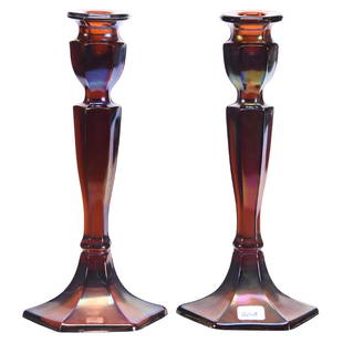 Pair Carnival Glass Candle Holders 10.25": Pair Carnival Glass Candle Holders - 10.25" - Florentine #349 Pattern by Fenton - Honey Amber with Amethyst Iridescence