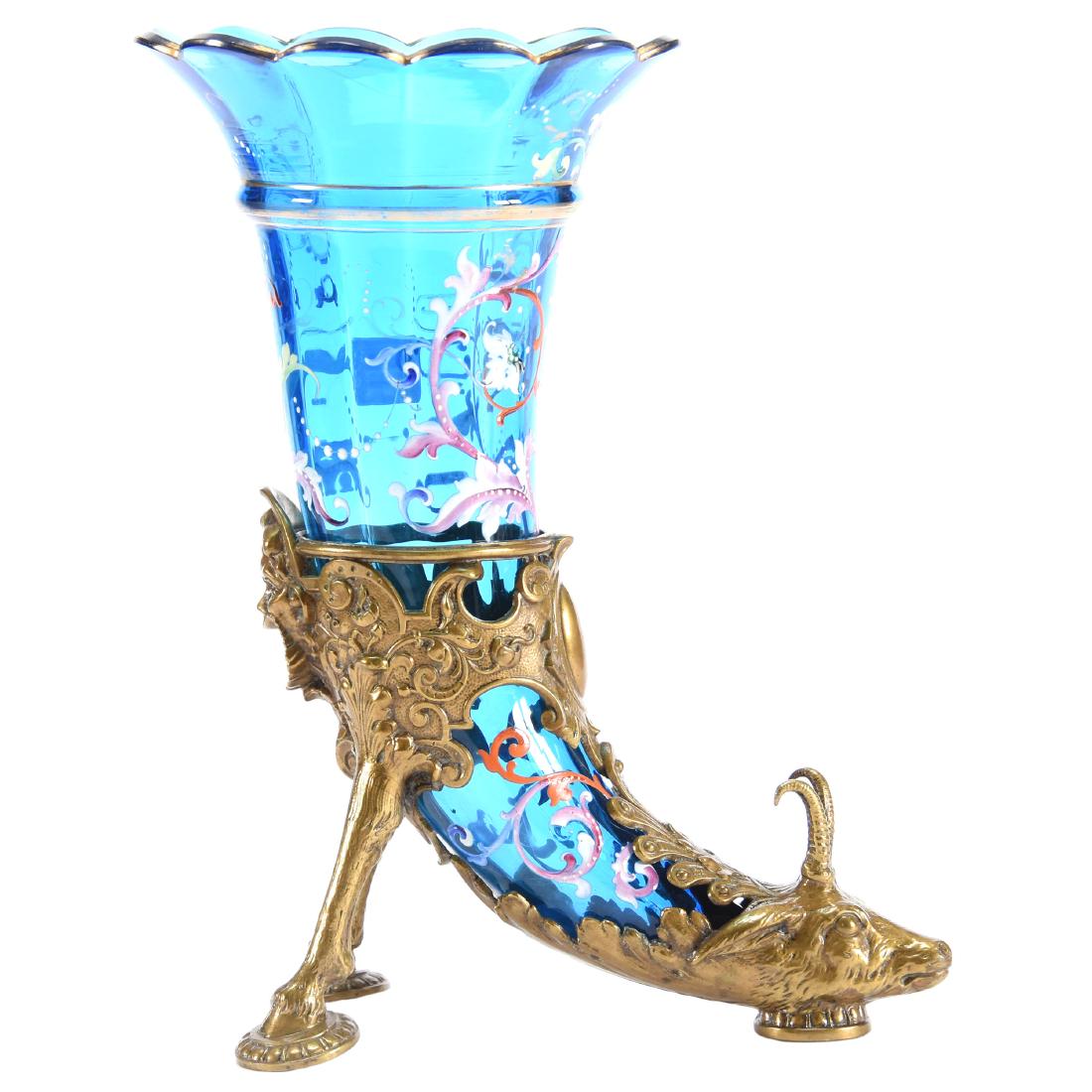 Victorian Cornucopia Art Glass Vase 9.75" X 8": Victorian Cornucopia Art Glass Vase - 9.75" X 8" - Sapphire Blue Art Glass "Horn" Insert with Colorful Enamel Decor Set in Figural Brass Stand Featuring "Ibex" Antelope Head, Hooved Feet and Old Man W