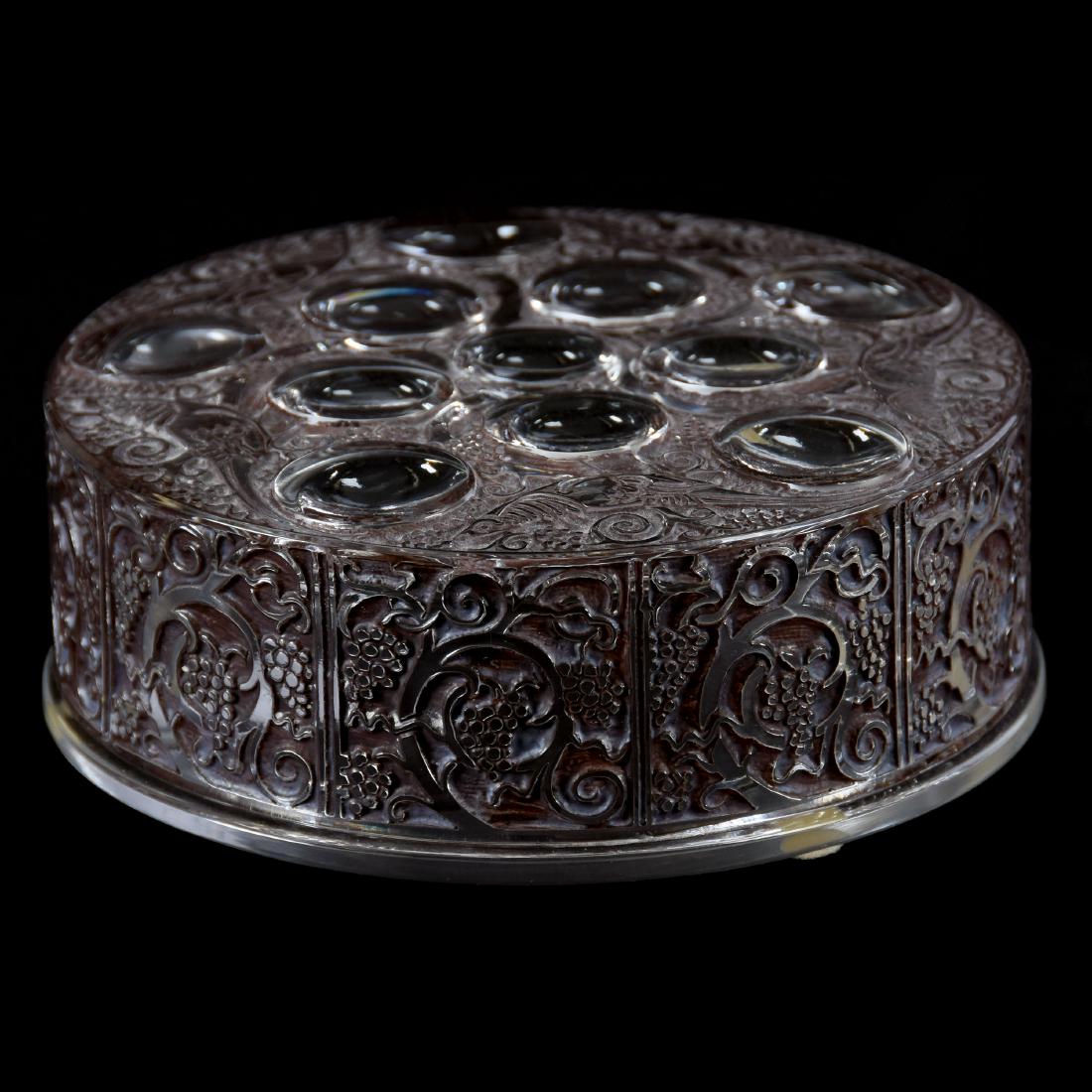 Covered Parlor Box Marked Lalique France 2" X 5.5": Covered Parlor Box Marked Lalique France - 2"X5.5" - "Boite Roger" Design - Eleven Optic Windows with Brown/Bronze/Walnut Patina