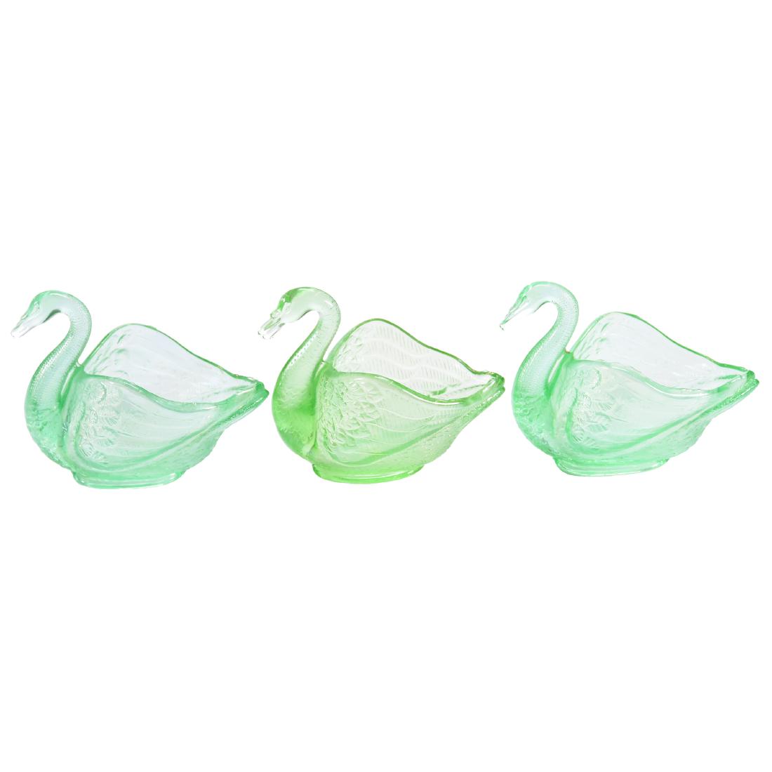 (3) Swans Vaseline/Green Carnival Glass 3.75" X 4.5": (3) Swans- Vaseline / Green Carnival Glass - 3.75" X 4.5"