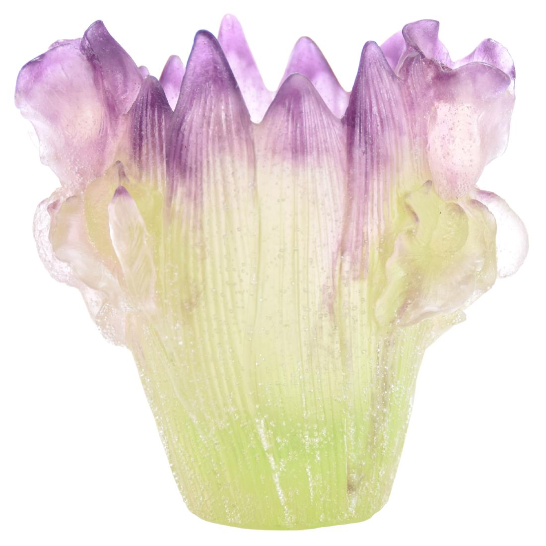 Pate De Verre Art Glass Vase Signed Daum France 5": Pate De Verre Art Glass Vase Signed Daum France -5"- Green Clear to Lavender Coloring - Figural Iris Handles - Artist Signed