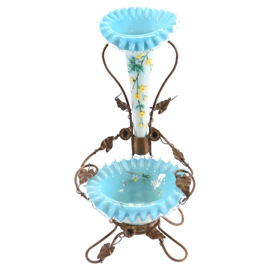 Victorian Epergne 10" X 5.75": Victorian Epergne - 10" X 5.75" - Blue and White Cased Art Glass Trumpet Vase and Bowl with Enamel Floral Highlights - Set on Gilt Wire Frame