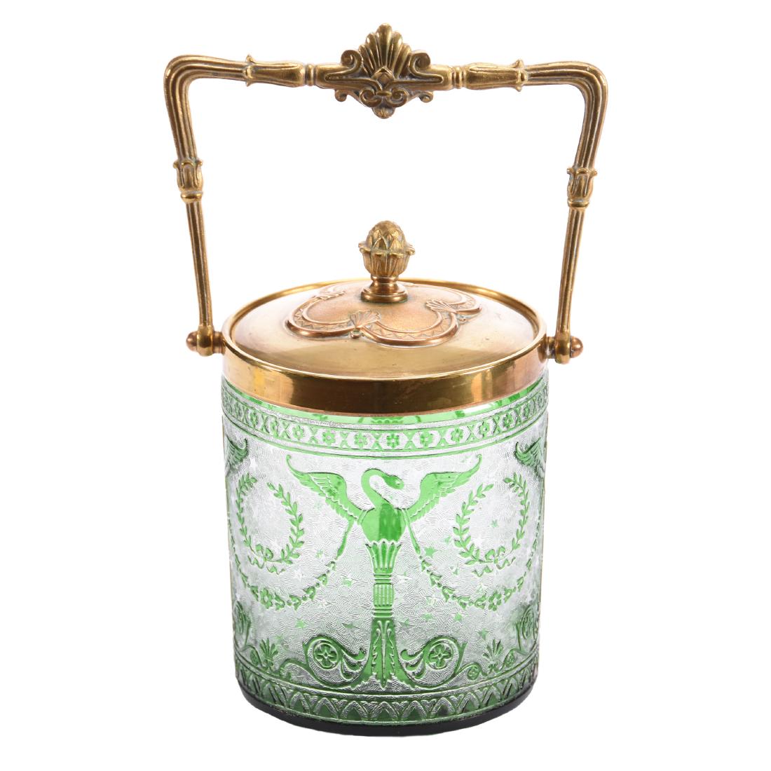 Biscuit Jar Art Glass 6.75": Biscuit Jar - Art Glass - 6.75" - Green Acid Cut Cameo Design Featuring Swans, Wreaths and Garland Design - Gilt Metal Lid and Bail - Attributed to Val St. Lambert