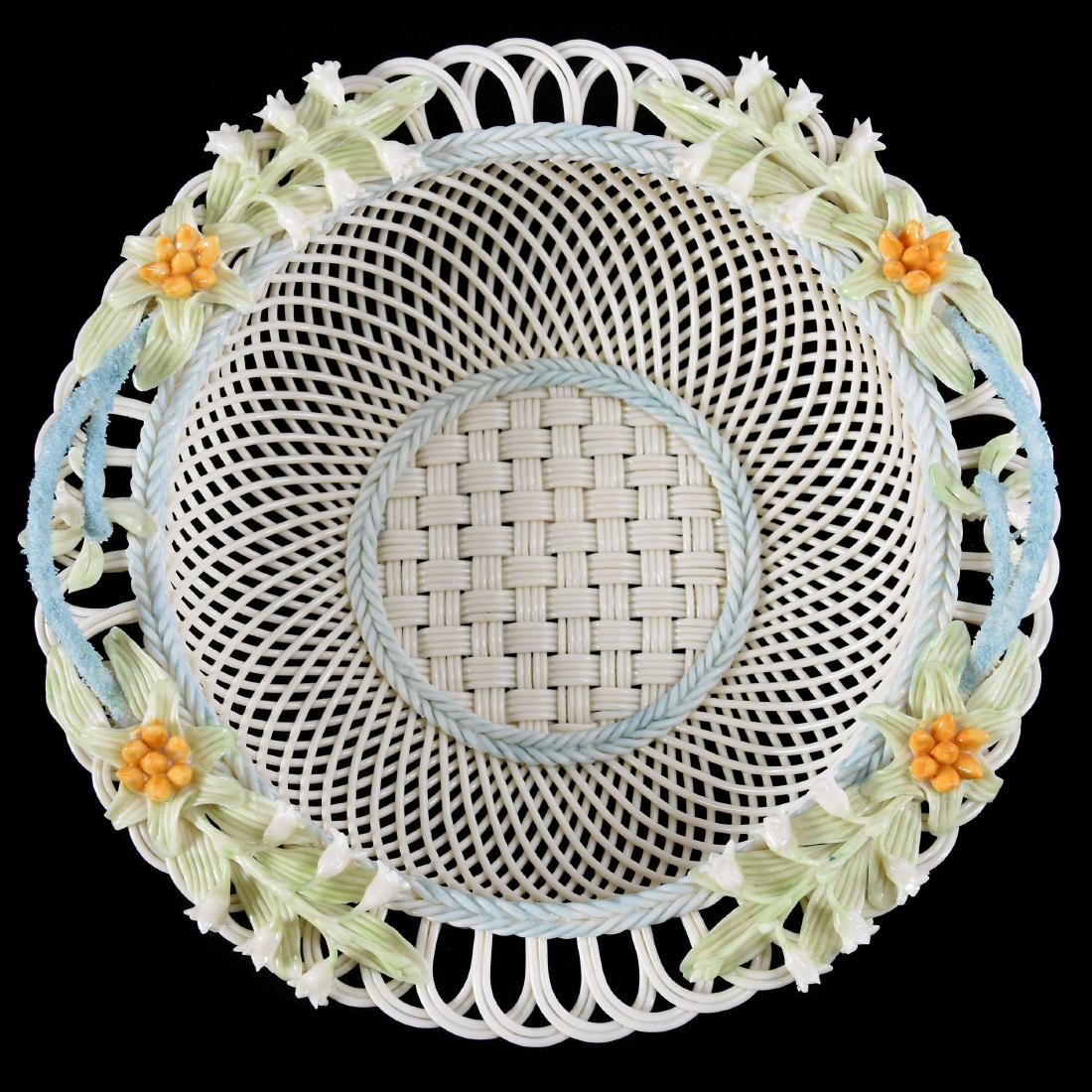 Basket Marked Irish Belleek 3" X 9": Basket - Marked Irish Belleek - 3" X 9" - Four Strand Open Weave Marked "Belleek R Ireland" - Lattice Design with Applied Lily of Valley Pastel Highlights - Circa 1980s