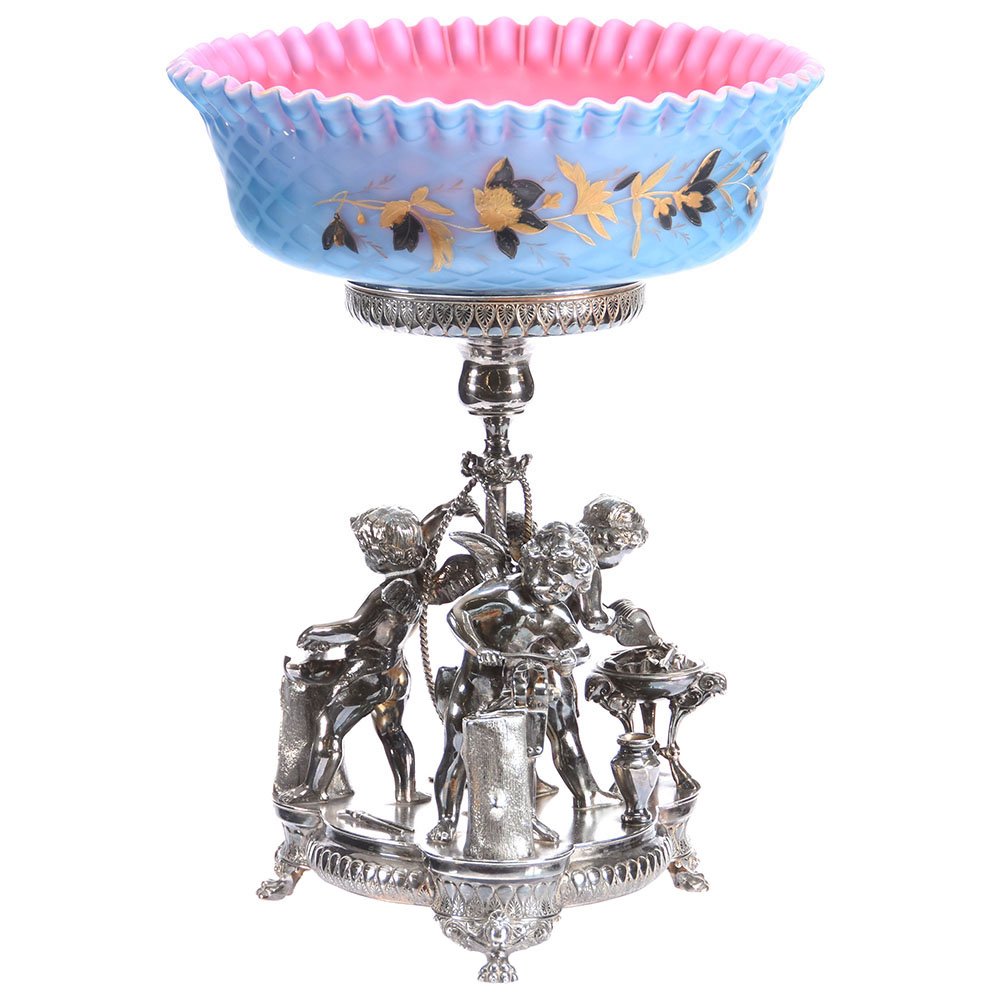 Fantastic Victorian Brides Basket 14.75" X 11": Fantastic Victorian Brides Basket - 14.75" X 11" - Mt. Washington Blue Satin Diamond Quilted Mother of Pearl Art Glass Bowl with Gold Enamel Decor - Cased Pink Satin Interior with Enamel Floral and In