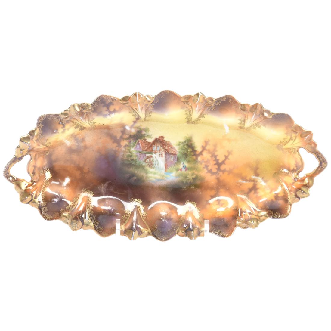 Relish Tray Marked RS Prussia 9.25": Relish Tray Marked RS Prussia - 9.25" - Brown Tones with Mill Scenic Decor - Some Light Wear Marks
