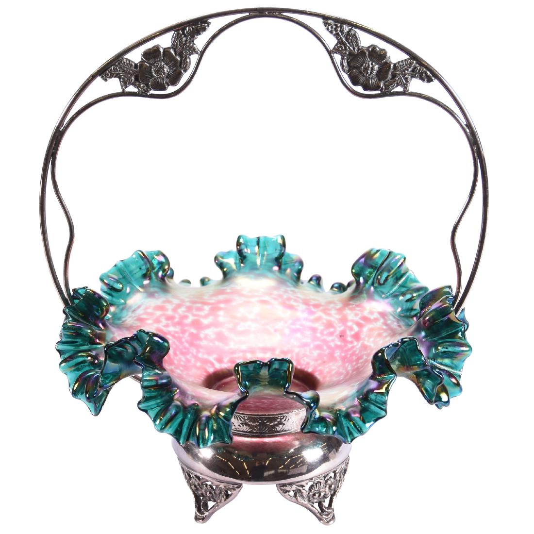 Victorian Brides Basket 12" X 10.25": Victorian Brides Basket - 12" X 10.25" - Loetz Style Green and Pink Mottled Iridescent Ruffled Bowl - Set on Unmarked Silverplate Frame