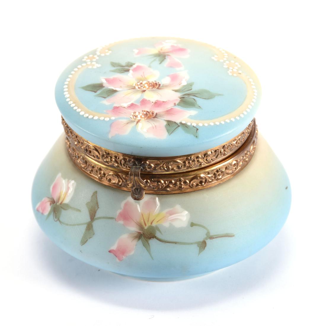 Hinged Jewel Box Marked Nakara 3.5" X 5": Hinged Jewel Box Marked Nakara - 3.5" X 5" - Blue and Pink Tones with Floral Decor - White Enamel Beaded Highlights