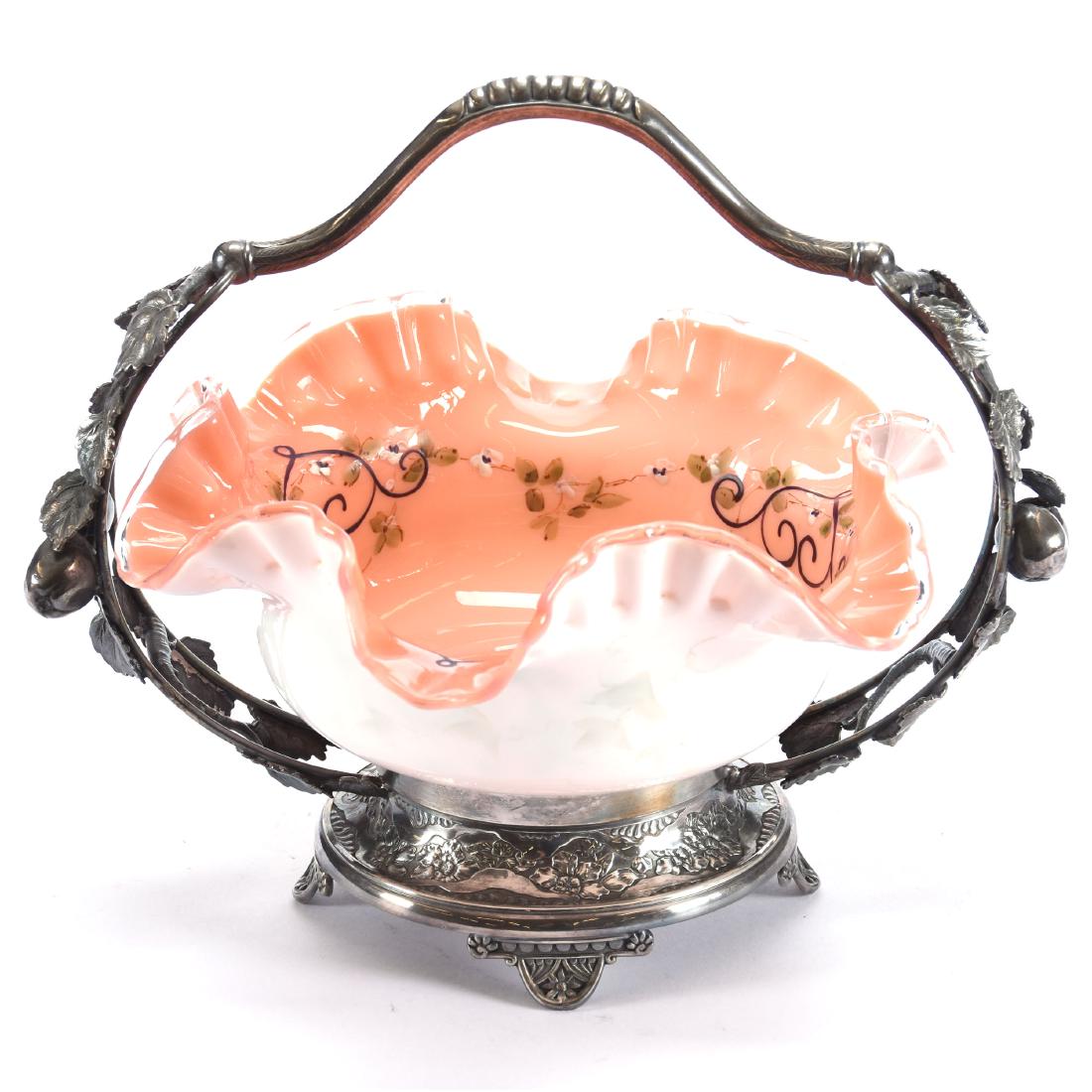 Victorian Brides Basket 10" X 11.5": Victorian Brides Basket - 10" X 11.5" - Pink and White Cased Art Glass Bowl with Enamel Decor - Set on Marked Pairpoint #4727 Silverplate Frame with Apple Branch Decor
