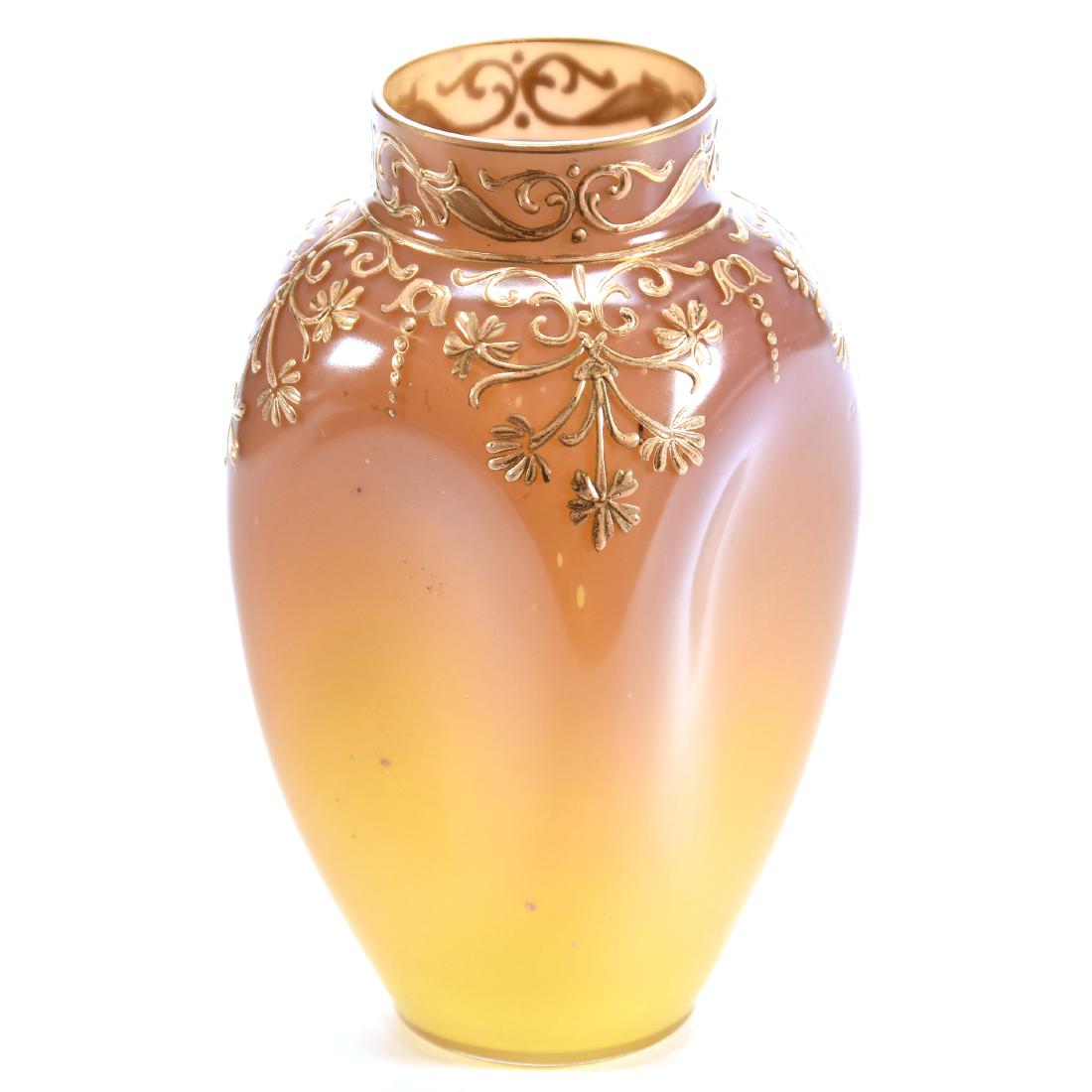 Loetz Art Glass Vase 7.5": Loetz Art Glass Vase - 7.5" - Pale Purple Shading to Yellow - Four Sided - Gold Enamel Floral Decor - Variation of Persica Pattern by Loetz - Unmarked