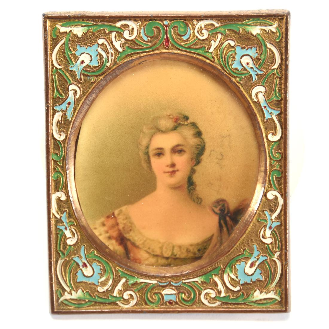Miniature Portrait 2.5": Miniature Portrait - 2.5" - Set in 3.25" Frame Marked "AMW 24k Gold Plate" with Enamel Highlights