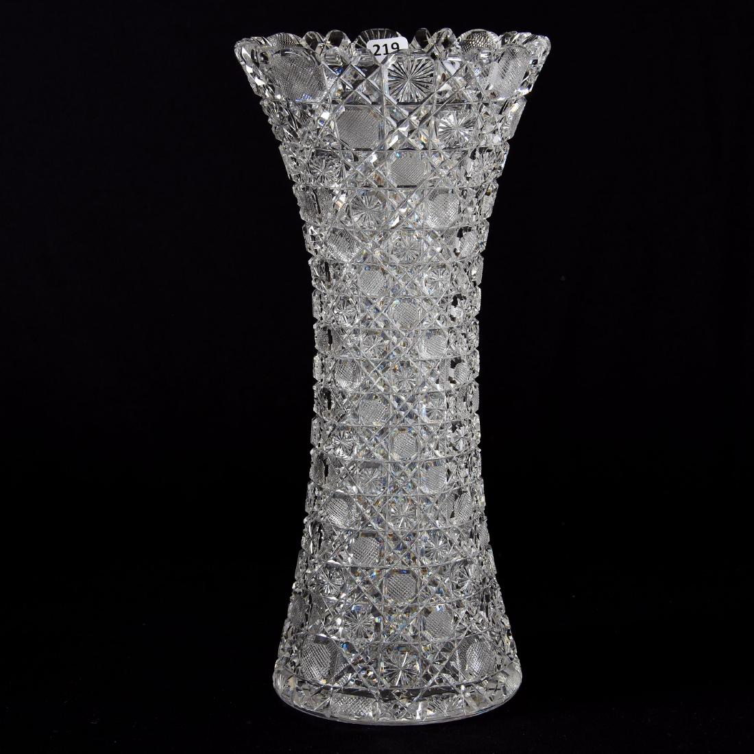 Vase American Brilliant Cut Glass 13.75" X 6.5": Vase - American Brilliant Cut Glass - 13.75" X 6.5"- Complete Harvard Cut Pattern - Hobstar Base
