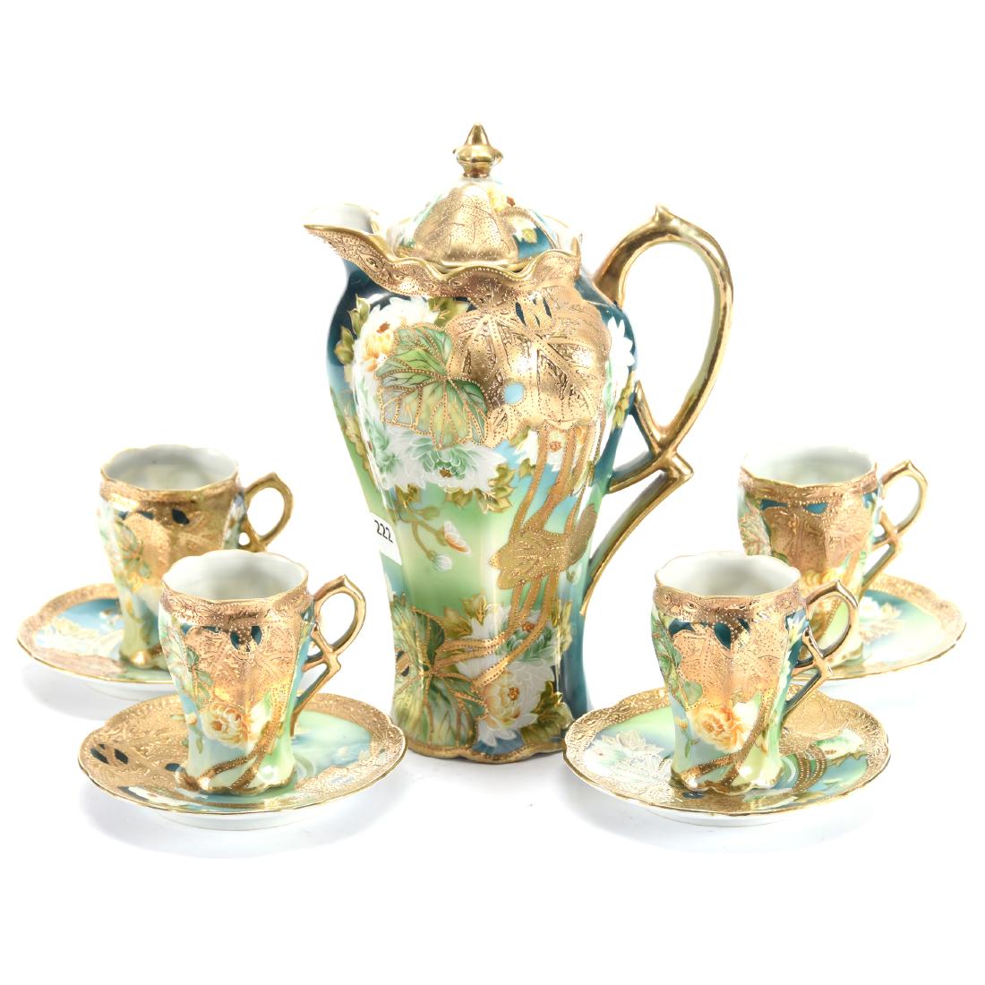 Nippon Quality Chocolate Set Marked Japan: Nippon Quality Chocolate Set Marked Japan - 9.5" Pot- Green Tones with Floral Decor - Extensive Gold Leaf and Tapestry Overlay - (4) Matching Cups and Saucers