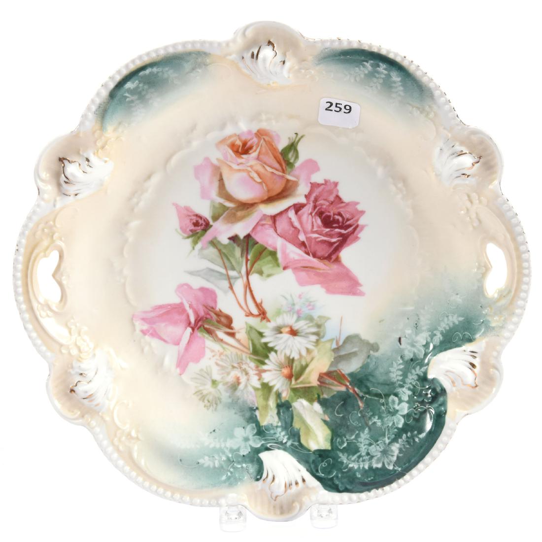Cake Plate Marked RS Prussia 11": Cake Plate - Marked RS Prussia - 11" - Cream and Green Tones with Rose and Daisy Decor