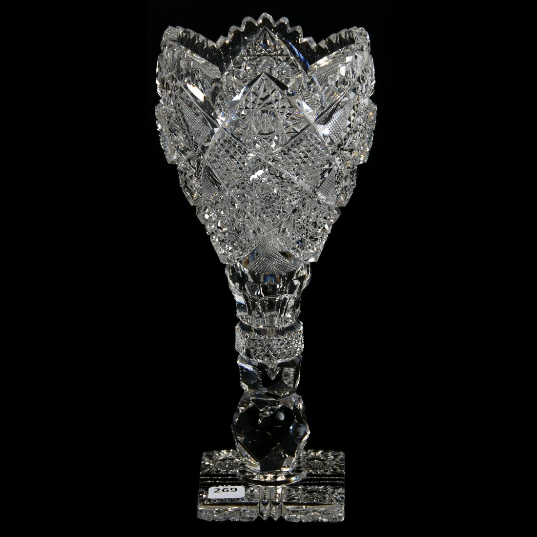 Vase American Brilliant Cut Glass 11.75": Vase - American Brilliant Cut Glass - 11.75" - Chalice Shape - Hobstar, Cane, Strawberry Diamond Motif - Stem with Cut Knob - Square Pattern Cut Foot - 0.25" Crack on Rim