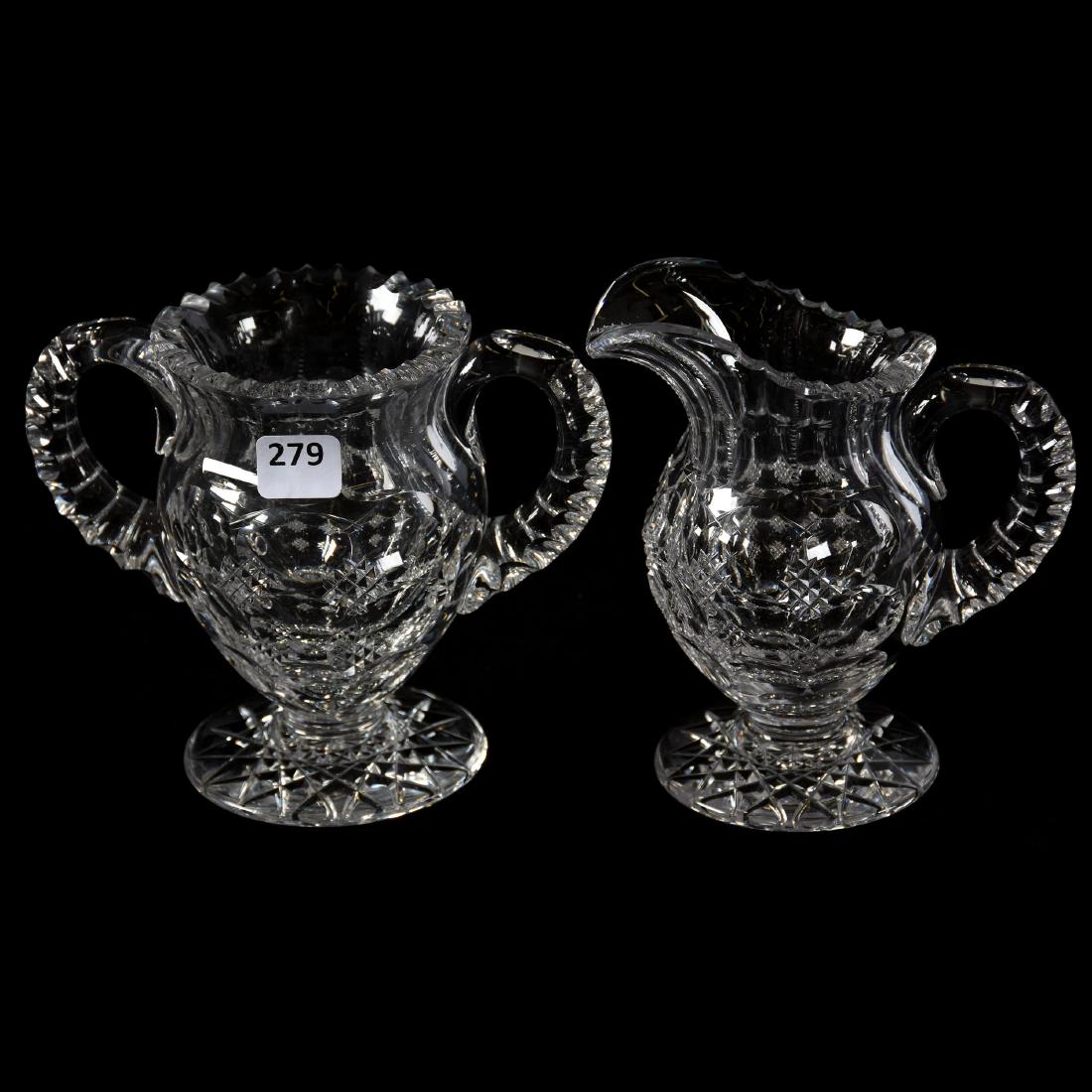 Creamer and Sugar American Brilliant Cut Glass: Creamer & Sugar - American Brilliant Cut Glass - Pedestal - 5.25" - Savoy Pattern by Pairpoint - Hobstar Foot - Double Notched Handles - Clear Blanks