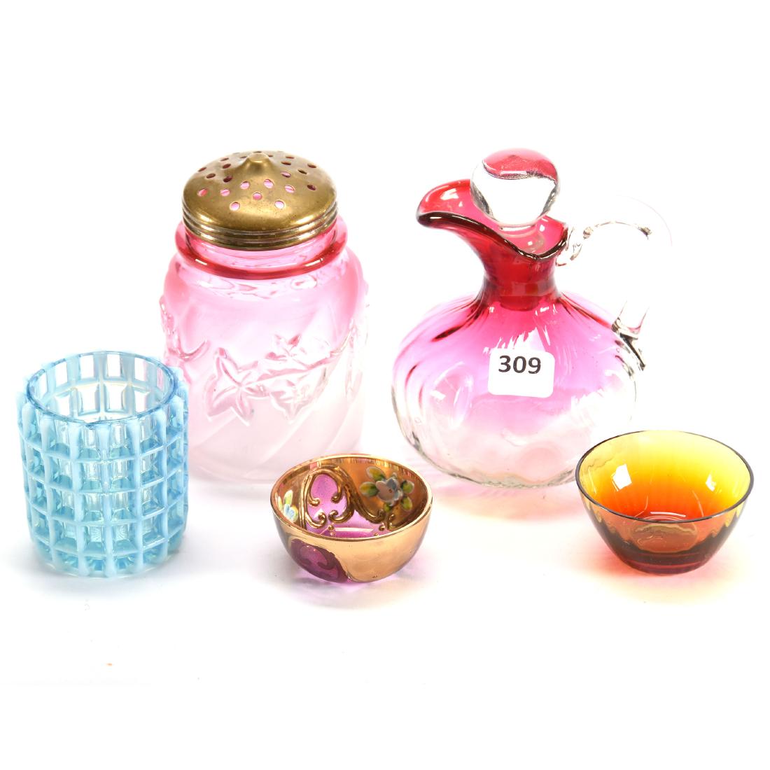 (5) Art Glass Items: (5) Art Glass Items Including - (1) 4.5" Rubina Frosted Royal Ivy Sugar Shaker by Northwood - (1) 4.5" Rubina Cruet, Handle Check - (1) 2.5" Blue Opalescent Waffle Block Toothpick Holder, Inside Rim C
