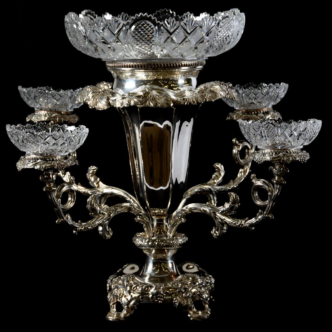 Fantastic English Center Epergne 19" X 19": Fantastic English Center Epergne - 19" X 19" - Five Cut Glass Bowl Inserts Set on Elaborate Silverplate Epergne with Highly Embossed Vintage Design - This Epergne Came from The Chesaning Michigan Mans