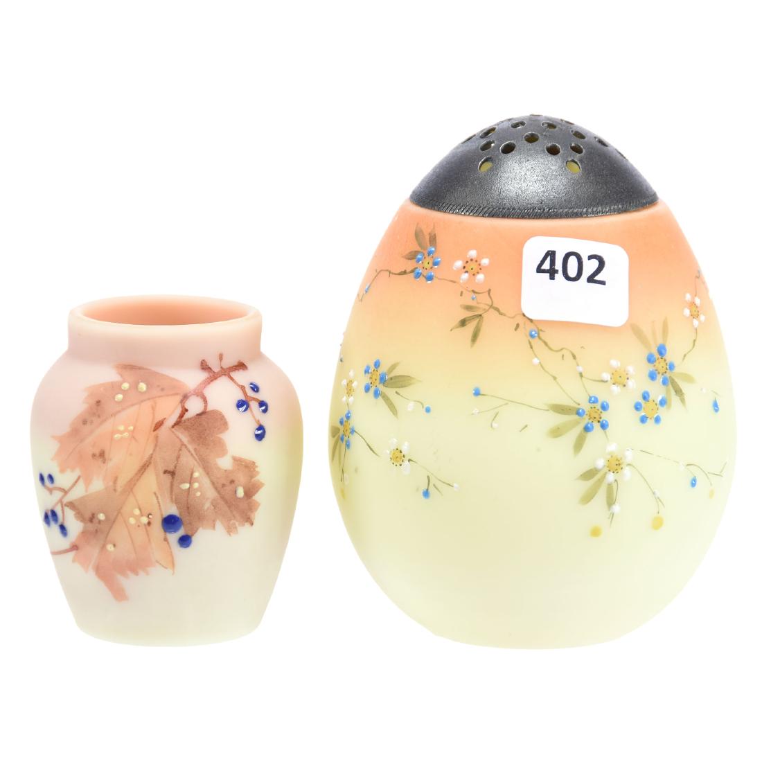 (2) Decorated Burmese Art Glass Items: (2) Decorated Burmese Art Glass Items - (1) 4" Mt. Washington Egg Shape Sugar Shaker - (1) 2.75" Webb Toothpick Holder