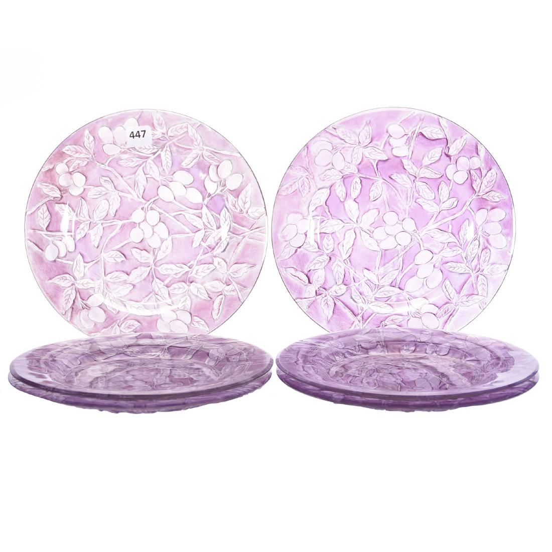 (6) Unmarked 8.25" Plates by Consolidated Glass: (6) Unmarked 8.25" Plates by Consolidated Glass - Martele Line with "Olives" Design - Amethyst to Frosted - Circa 1926 - Rim Chip on One Plate