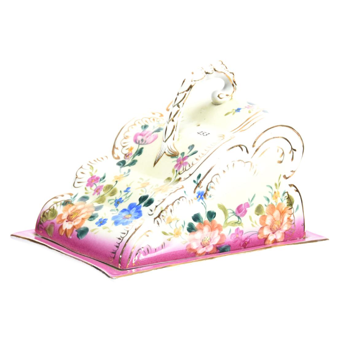 Cheese Dish with Fleur De Mark Limoges 6.5" X 9": Cheese Dish with Fleur-De-Mark Limoges - 6.5" X 9" - Pink, White and Green Tones with Colorful Floral Decor - Gold Stencil Highlights - UPDATE 1/30/19 - Circa 1940's - 1970's Possible Chinese Import D